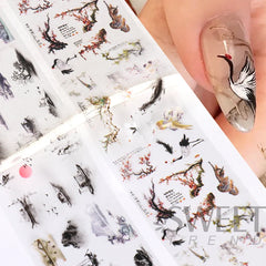 JazzHer 10pcs Chinese Style Nail Art Foils Ink Painting Characters Cloud Crane Design Transfer Sliders New Year DIY Decor Stickers DXK12