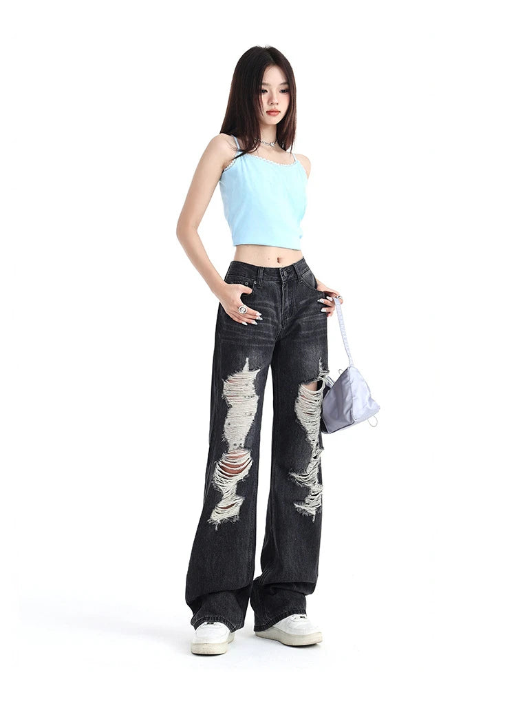 JazzHer Ripped Straight Hole Pants Bleached Women Jeans Ankle Length Distressed Denim Mid Waist Washed Vintage 2024 Pockets Loose