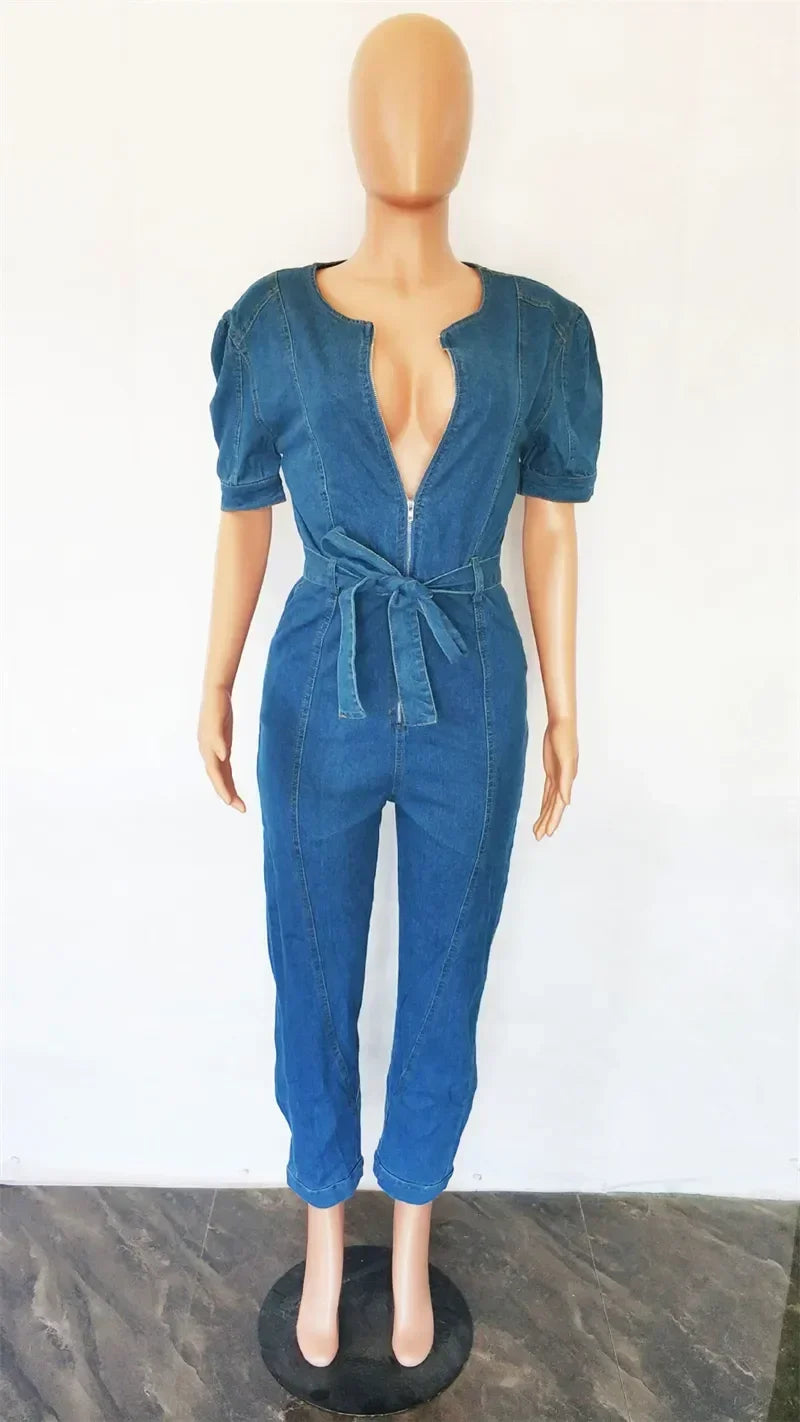 JazzHer Sexy Denim Jumpsuit for Women Lace-up Pencil Pant Jeans Short Sleeve Sashes Long Rompers Playsuits One Piece Overalls Outfits