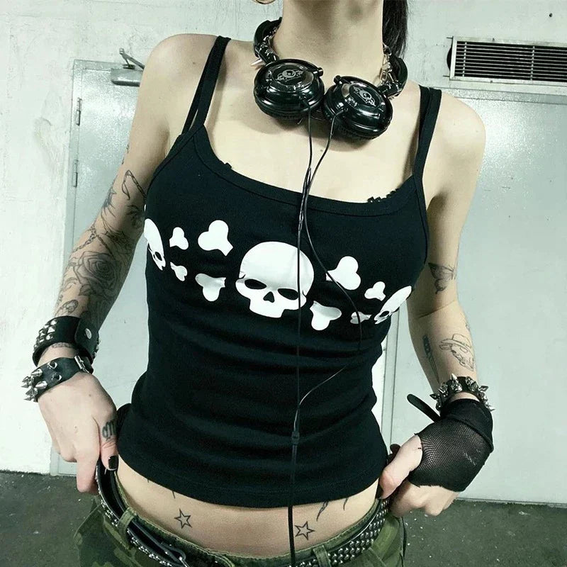 JazzHer Y2K Cyber Edgy Techno Tank Vest E girl Gothic Skull Print Black Camisole Vintage Dark Academia Grunge Sleeveless Crop Tops Women