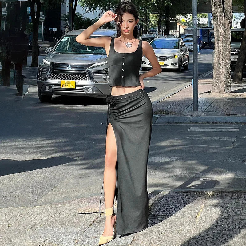 JazzHer-2024 spring new women's fashionable and sexy temperament street shooting U-neck suspender top slit half-length skirt suit