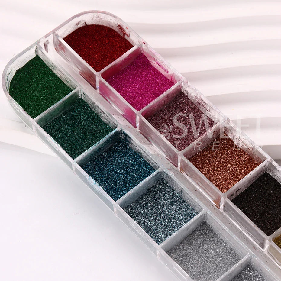 JazzHer 12Colors Nail Glitter Aurora Mirror Powder Chrome Dust Pigment Paint Dip Metallic Shiny With Magic Effect Dust Manicure Design