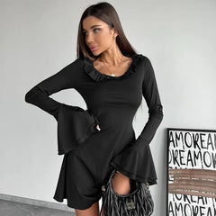 JazzHer Flare Sleeve Slim Mini Dress For Women Fungus Splice Long Sleeve Outfits New Female Elegant Club Party Dresses High Waist