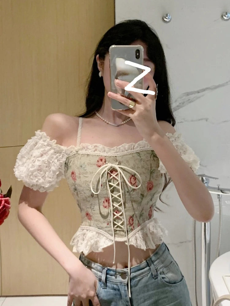 JazzHer Casual Floral Y2k Crop Tops Woman Outwear Slim Short Sleeve Elegant Blouse Office Lady Korean Style Fashion Pullover 2024 Summer