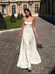 JazzHer White Floral Print Wrap Waist Spaghetti Strap Maxi Dress Women Sexy U Neck Sleeveless Backless Long Robe Elegant Party Vestidos