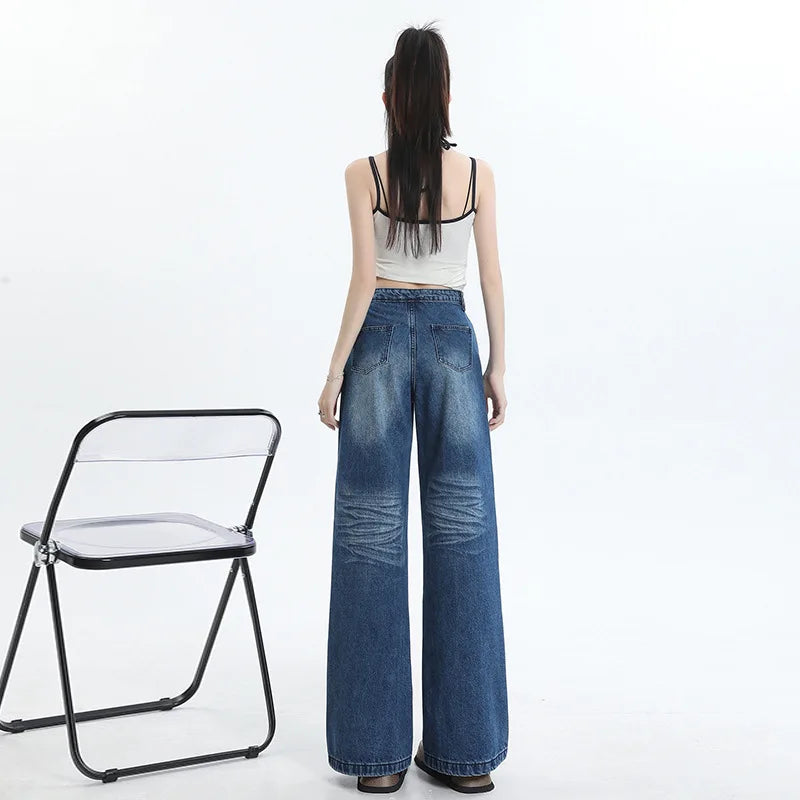 JazzHer Jeans Straight Full Length Women Denim Pants Bleached Washed Jean Distressed Vintage Loose Basics Solid Pockets High Waist 2024