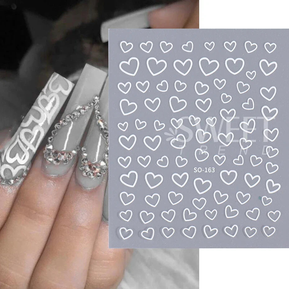 JazzHer 3D White Black Heart Nail Stickers Cute Cartoon Golden Love Self Adhesive Slider Valentine Manicure Accessories Tips Decoration