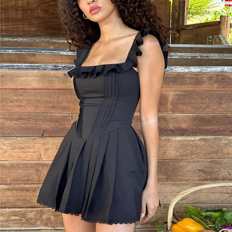 JazzHer-Townlike Black Ruffles A-line Dress Women Spaghetti Strap Mini 2024 Summer Dress Nightclub Sexy Party Dresses Vestidos