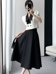 JazzHer French Elegant Two Piece Sets Vintage Office Lady Puff Sleeve White Crop Top + A Line Black Midi Skirts Suit Retro Summer Outfit