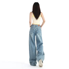 JazzHer Women Jeans Washed Vintage Straight Full Length Denim Pants Solid Pockets High Waist Washed Jean Spliced Basics Loose Fit