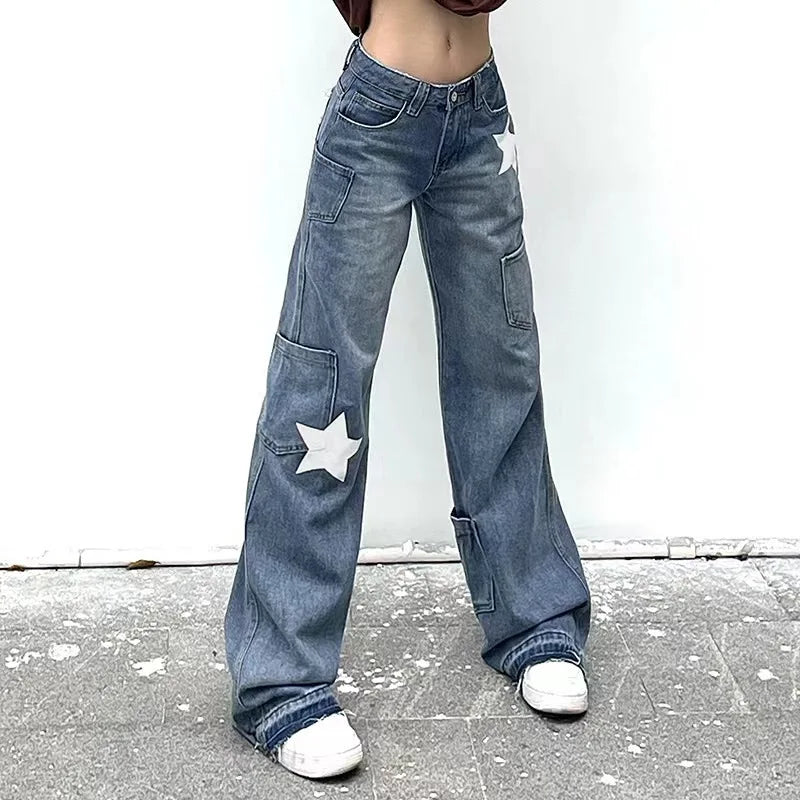 JazzHer Vintage Washed Jeans Women Straight Pants Pentagra Printing High Waist Pockets Full Length Trousers Female Denims Streetwear