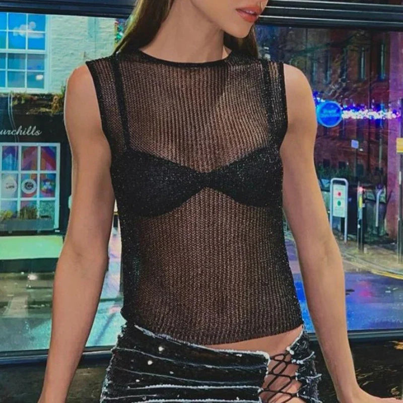 JazzHer Bright Yarn Sheer See-through Crop Top Summer Sleeveless O Neck Vest Sexy Club Party Clothes Y2K Vintage Tank Tops Streetwear