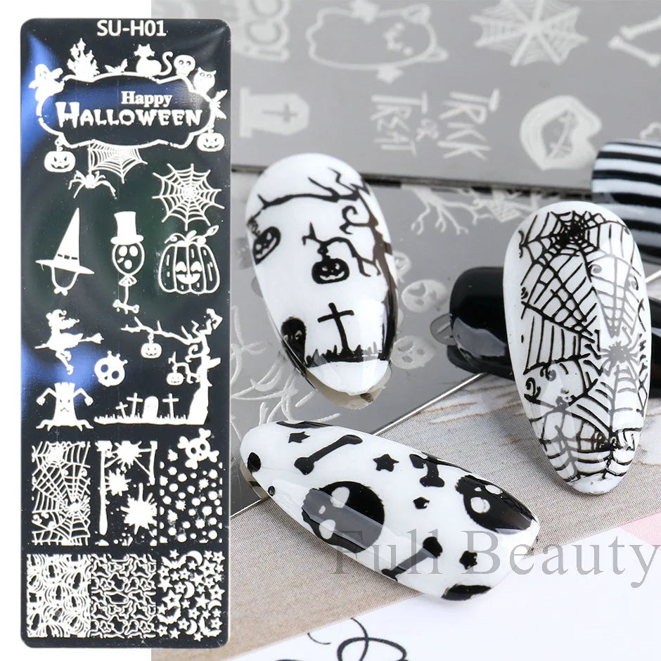 JazzHer Cartoon Halloween Nail Art Stamping Plates Anime Skull Ghost Pumpkin Image Festival Design DIY Polish Stencil Templates LYSUH1-6