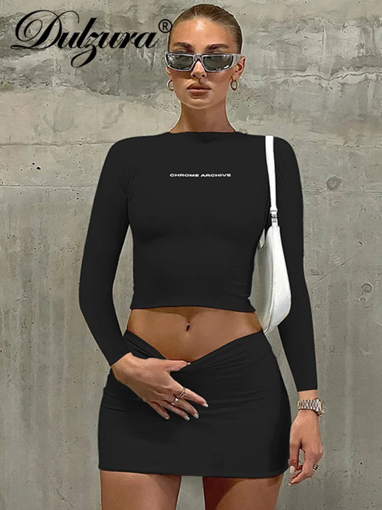 JazzHer Women Casual Y2K Clothes 2 Piece Letter Print Long Sleeve Crop Top High Waist Mini Skirt Matching Set Club Streetwear