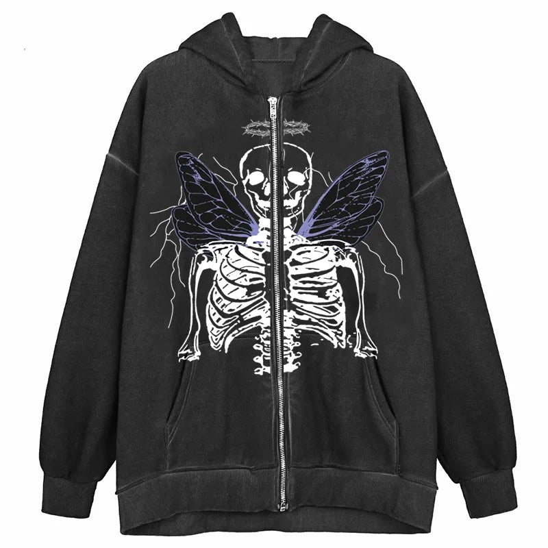 JazzHer Y2K Aesthetic Zip Up Sweatshirts E-girl Gothic Grunge Emo Skeletons Wings Print Oversized Hoodies Autumn Long Sleeve Coat Top