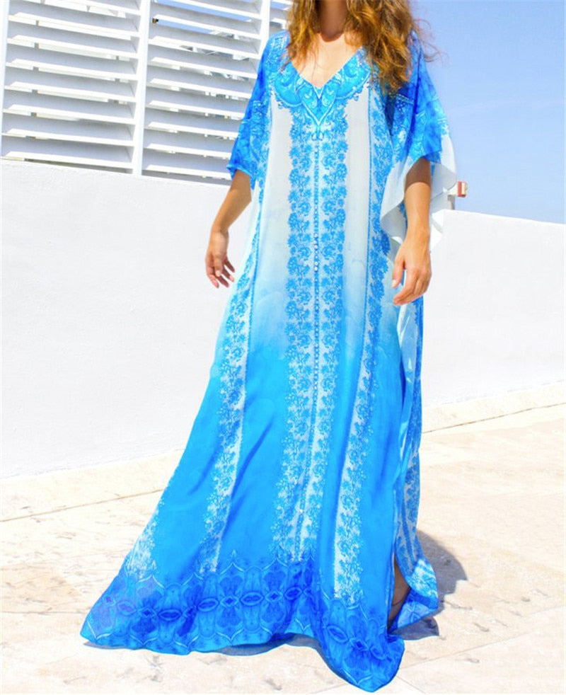 JazzHer Blue Kaftan Beach Cotton Cover Up 2024 Summer Women Beachwear Cotton Tunic Oversize Bikini Cover-Ups Robe De Plage Sarong Q774