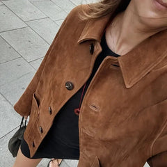 JazzHer Retro Lapel Long Sleeve Button Jacket Coat Women's Solid Fashion Loose Pockets Splice Autumn New Lady High Street Outwear