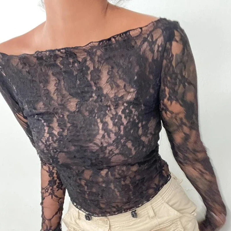 JazzHer Chic Women Long Sleeve T-shirt 90s Vintage Fairy Coquette Floral Lace Sheer Crop Tops Sexy See Through Tees Y2K Streetwear