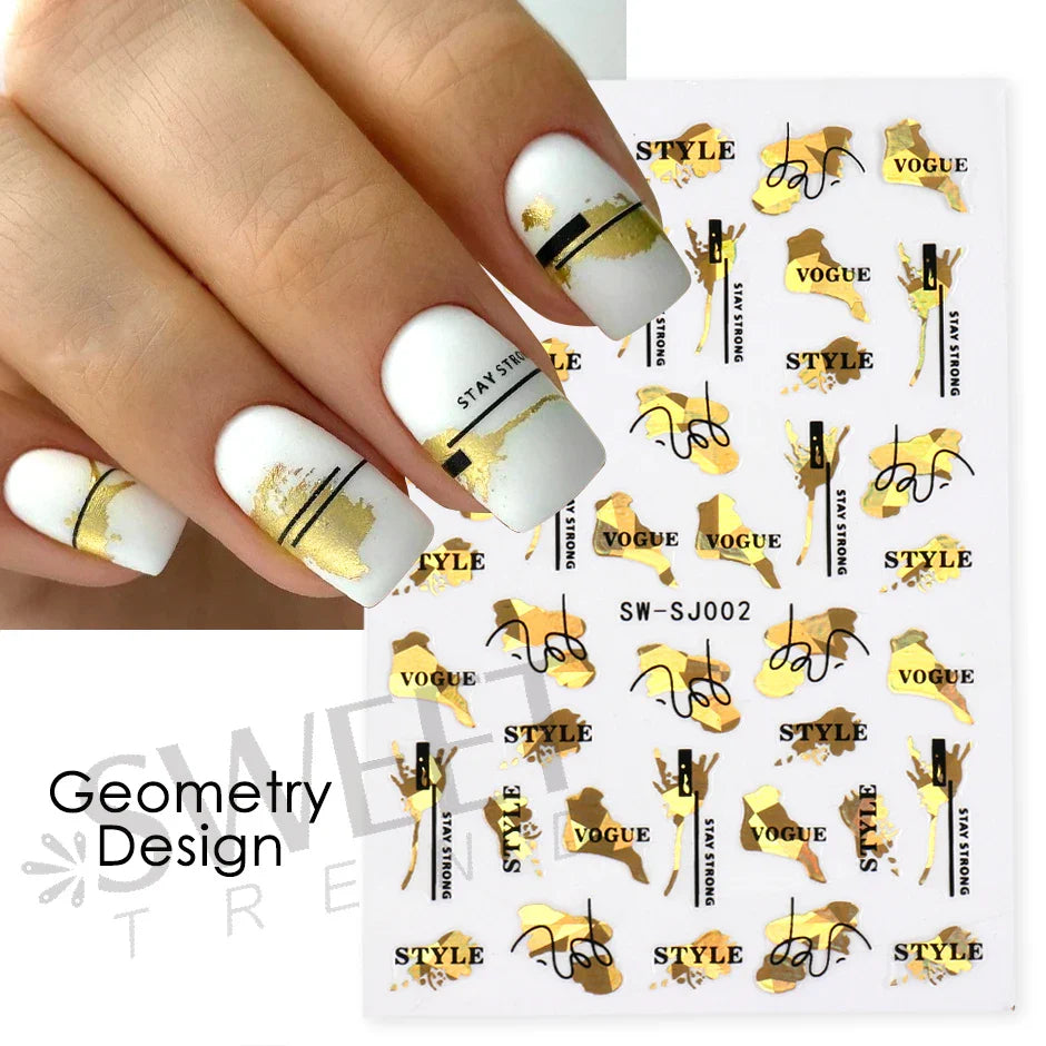 JazzHer Abstract Black Gold Snake Nail Art Stickers 3D Laser Geometry Flowers Leaves Design Decals Holographic Wraps Decoration LYSW-SJ