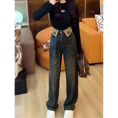 JazzHer Jeans Women Denim Full Length High Waist Pockets Cuffs Trousers Female Denims 2024 Streetwear Vintage Straight Wide Leg Pants