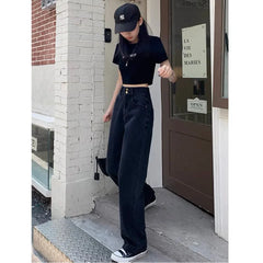 JazzHer Denim Wide Leg Pants Women High Waist Causal Vintage Denims Pockets Zipper Fly Straight Trousers Female Full Length Jeans