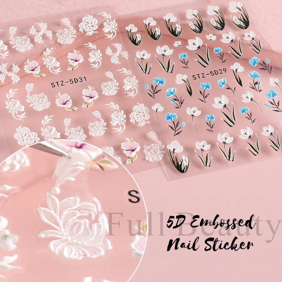 JazzHer 5D Simple Flowers Nail Embossed Stickers Elegrant Wedding Design Adhesive Sliders Summer Textured Engraved Decoration LYSTZ5D-30