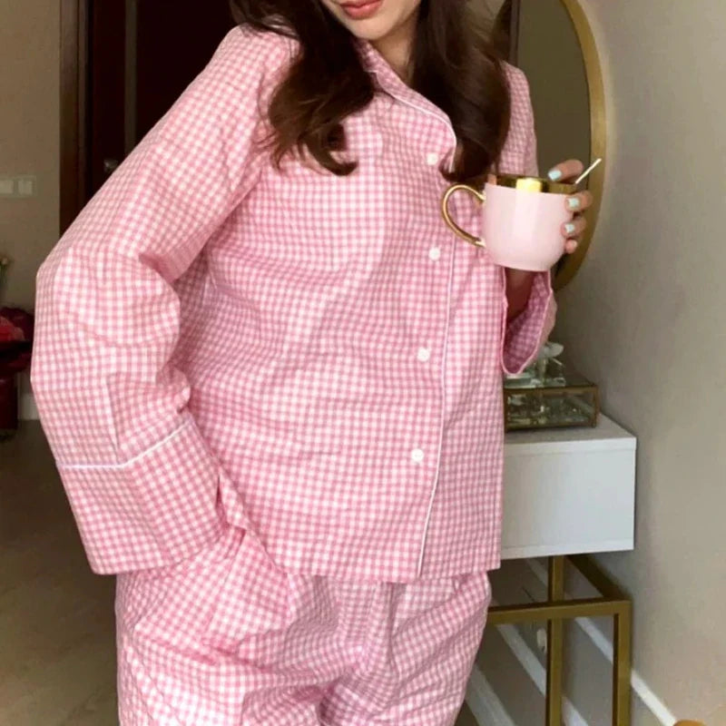 JazzHer Women Lounge 2 Piece Set Home Sleepwear Plaid Pajamas Set Vintage Button Up Blouse Long Sleeve T-shirt Tops + Wide Leg Pants