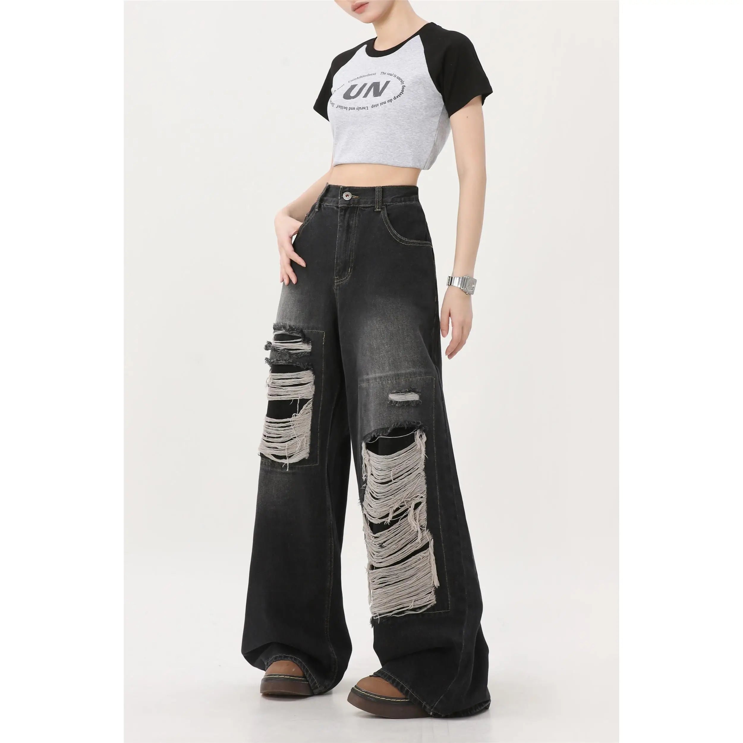 JazzHer Y2K Korean retro hole repair jeans mens and womens 2023 new American style high street loose straight wide leg mopping trousers