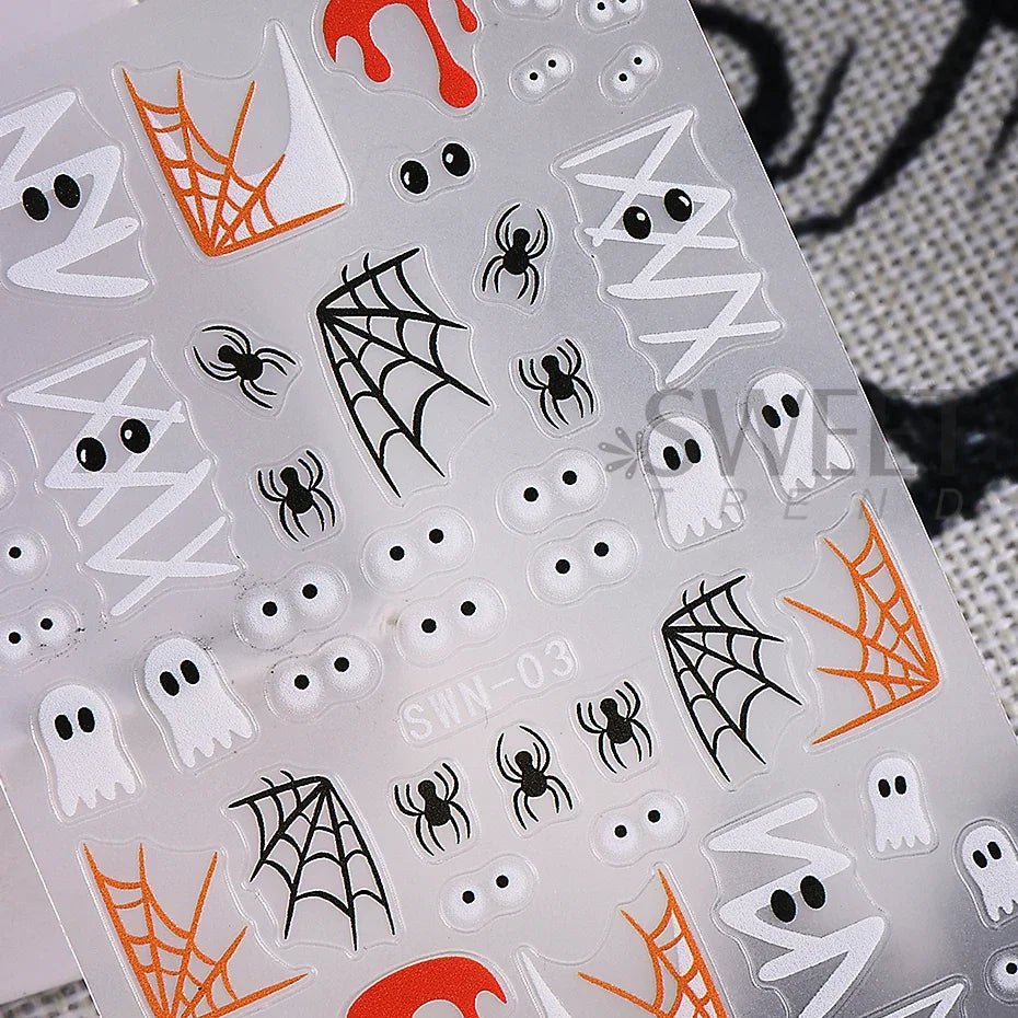 JazzHer 3D Halloween Pumpkin Nail Art Stickers Mummy Bandages Ghost Eyes Spider Web Self-adhesive Sliders DIY Winter Manicure Decoration