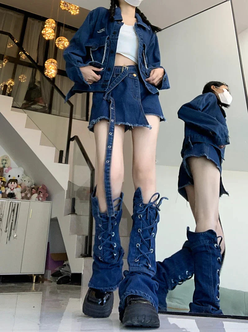 JazzHer-Streetwear Blue Cowboy Tops Coat Asymmetrical Design Lace Up Denim Mini Skirt Autumn Three Piece Sets Womens Outfits