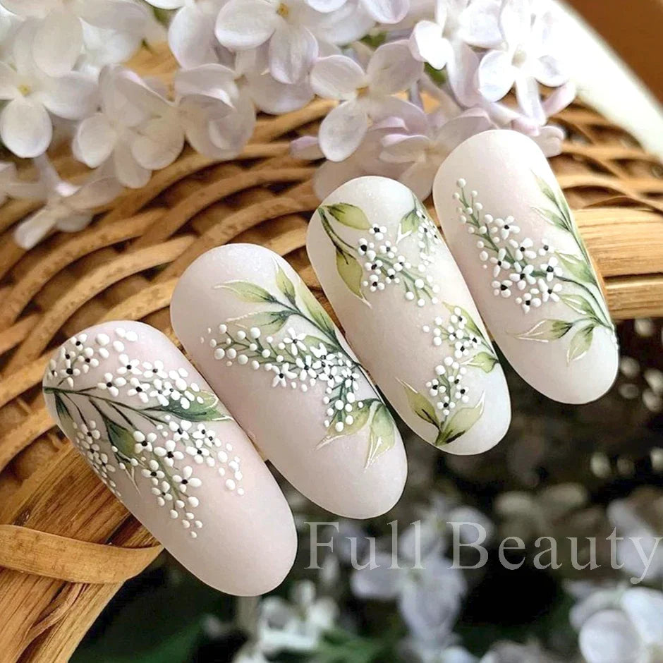 JazzHer 5D Acrylic Lily of the Valley Tulip Nail Decals Summer Flower Leaves Dreamcatcher Design Textured Sticker For Manicure LY5D-K162