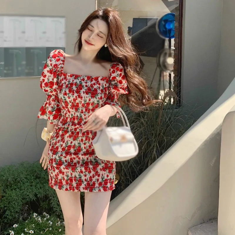 JazzHer Spring Summer Square Collar Floral Dress Women Temperament Slim Waist Bag Hip Skirt French Retro Dresses