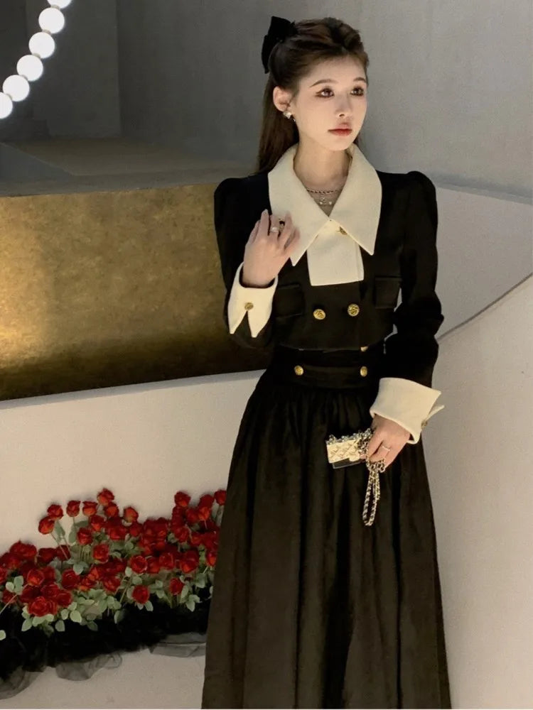 JazzHer Spring New Elegant 2 Piece Sets Womens Vintage Black Blazer Skirts Suit Femme Outfits Autumn Korean Fashion y2k Clothes