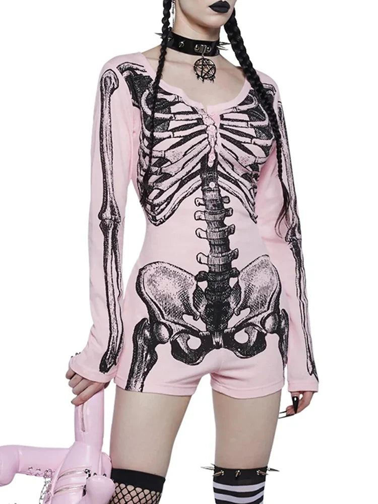 JazzHer Women's Gothic Directional Design New Fall Elegant Skeleton Bones Printed Bodysuit