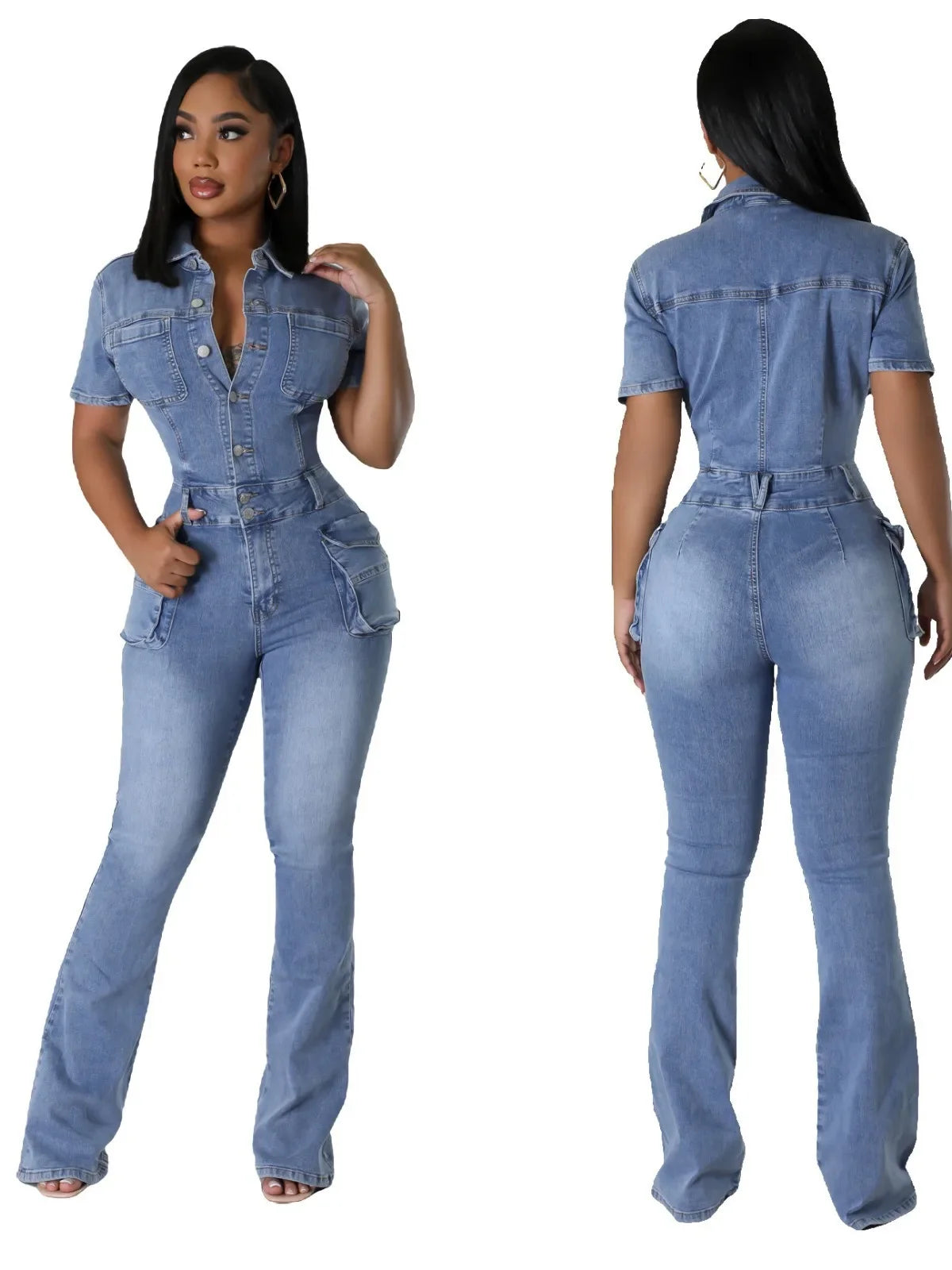 JazzHer Streetwear Jeans Jumpsuits Summer Women Turndown Collar Bodysuit Flare Pants Pockets Denim Rompers Sexy One Pieces Overalls