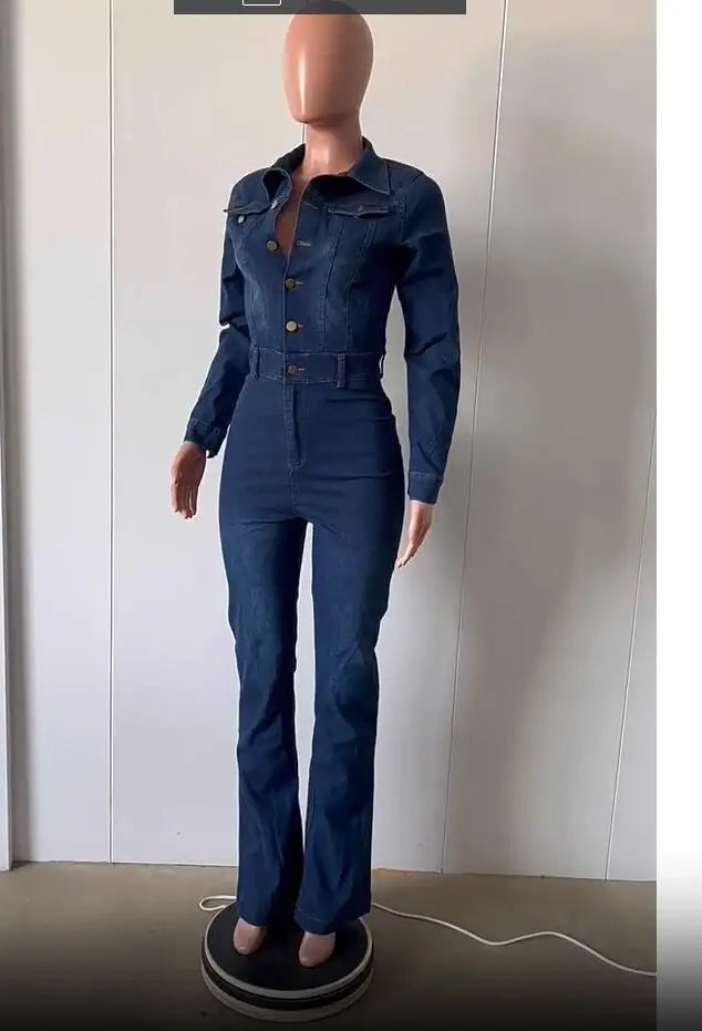 JazzHer Denim Overalls Women 2024 Jeans Lady Jumpsuit Denim One Piece Pants Long Sleeve Jumpsuits Trousers Female Rompers Streetwear