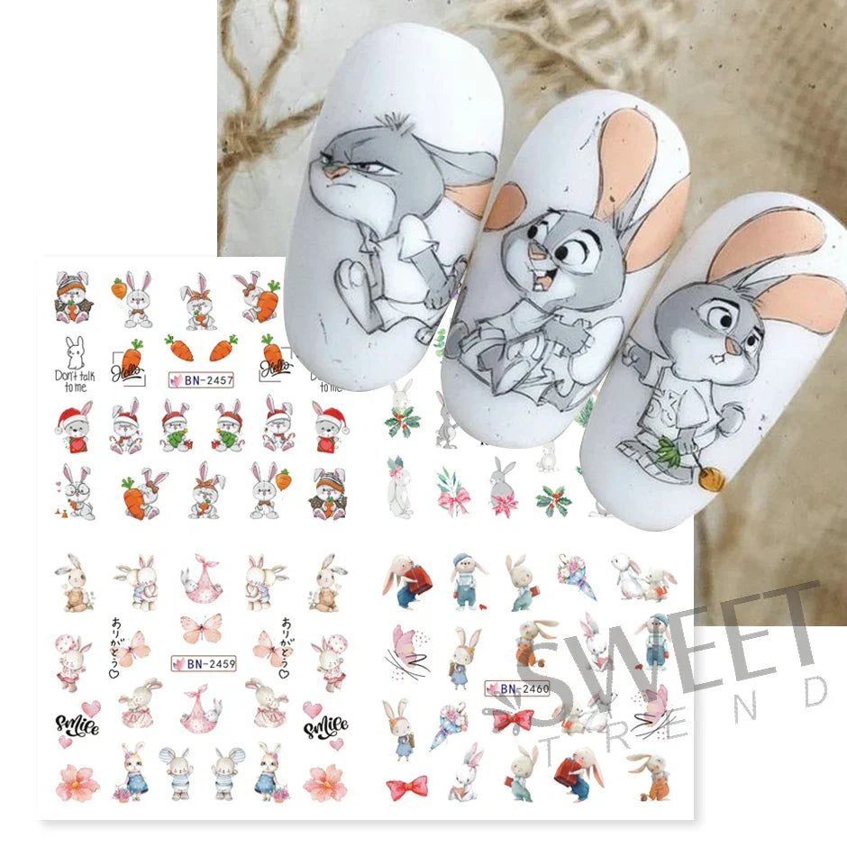 JazzHer Cute Rabbit New Year Nail Stickers 3D Cartoon Wisdom Bunny Transfer Sliders Spring Flowers Watercolor Anime Manicure Decals LYBN