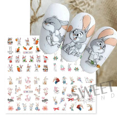 JazzHer Cute Rabbit New Year Nail Stickers 3D Cartoon Wisdom Bunny Transfer Sliders Spring Flowers Watercolor Anime Manicure Decals LYBN