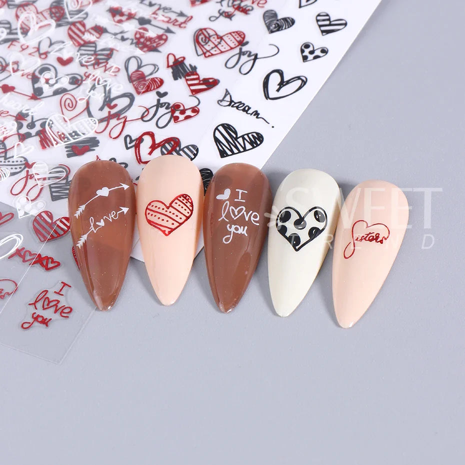 JazzHer Black English Letter Love 3D Nail Art Stickers New Valentine's Day Decals Nail Supplies Red Lips Line Stickers For Nails Slider