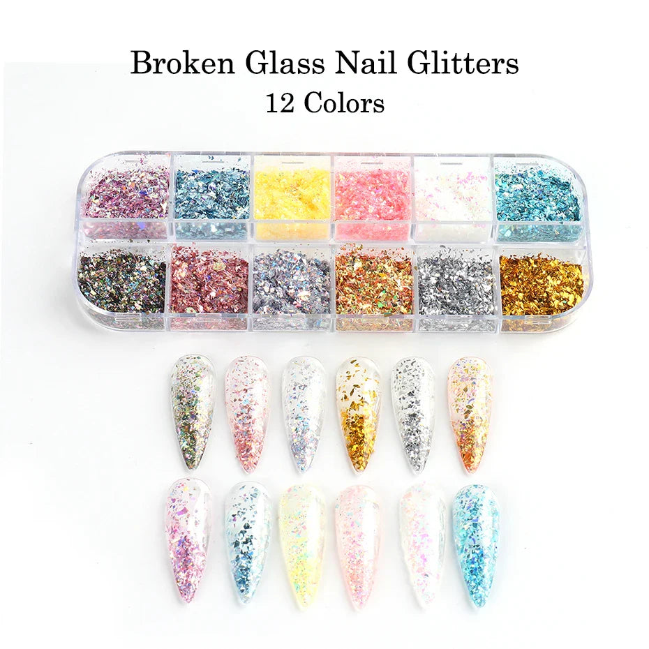 JazzHer 6/12 Grids Mermaid Gradient 3D Glitter Pallette Nail Art Irregular Broken Glass Flake Sequin Crystal Acrylic Nails Decor LYJX03