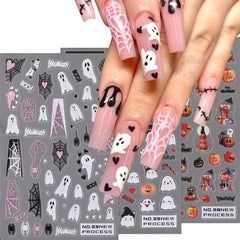 JazzHer 3D Halloween Ghost Skull Nail Art Stickers Cute Pumpkin Spider Web Design Adhesive Cartoon Nail Decals Sliders Decor Manicure