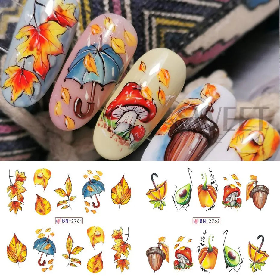 JazzHer 12pcs Autumn Maple Leaf Nail Sticker Pumpkin Fall Nail Decals Mushroom Water Transfer Slider Nail Decoration Foils Accessories