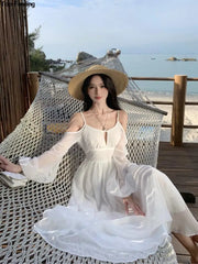 JazzHer Summer White Holiday Beach Long Dress Women Off Shoulder Backless Runway Vestidos Korean Chic A-line Sundress Clothes