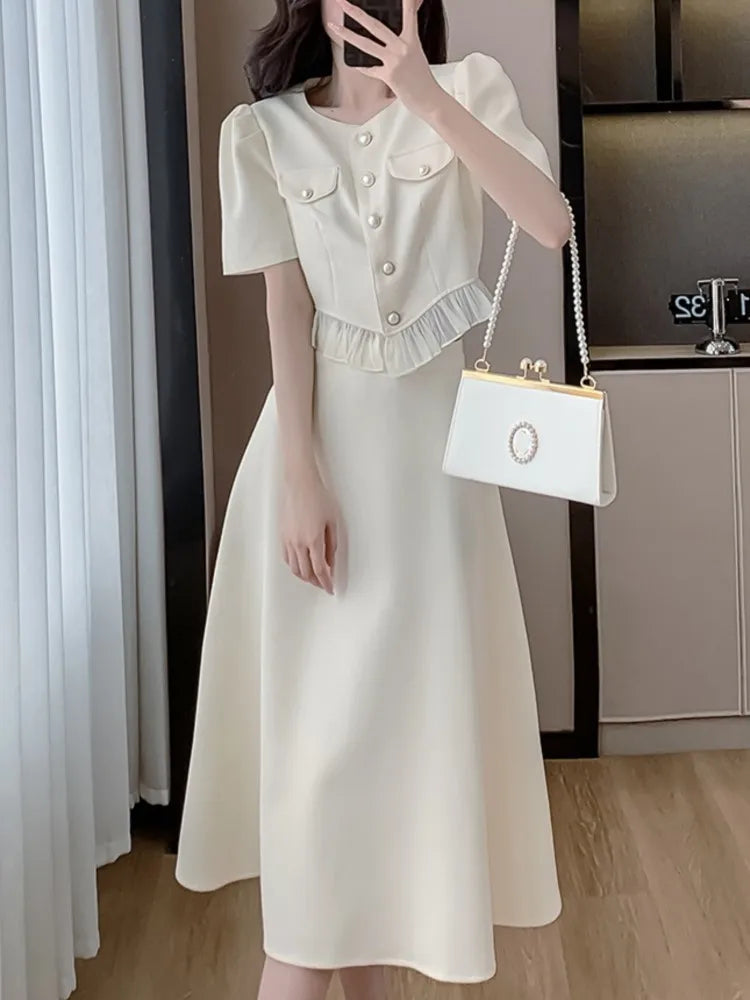 JazzHer Fashion Korean Sweet Elegant 2 Piece Set Summer Office Lady Skirt Suits Ruffles Collar Knee-length Clothing For Women