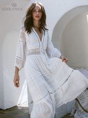 JazzHer Elegant Women Tunic Summer Fashion Long Beach Dress Sexy Patchwork Short Sleeve Front Open White Robe Dress Pareos Q561