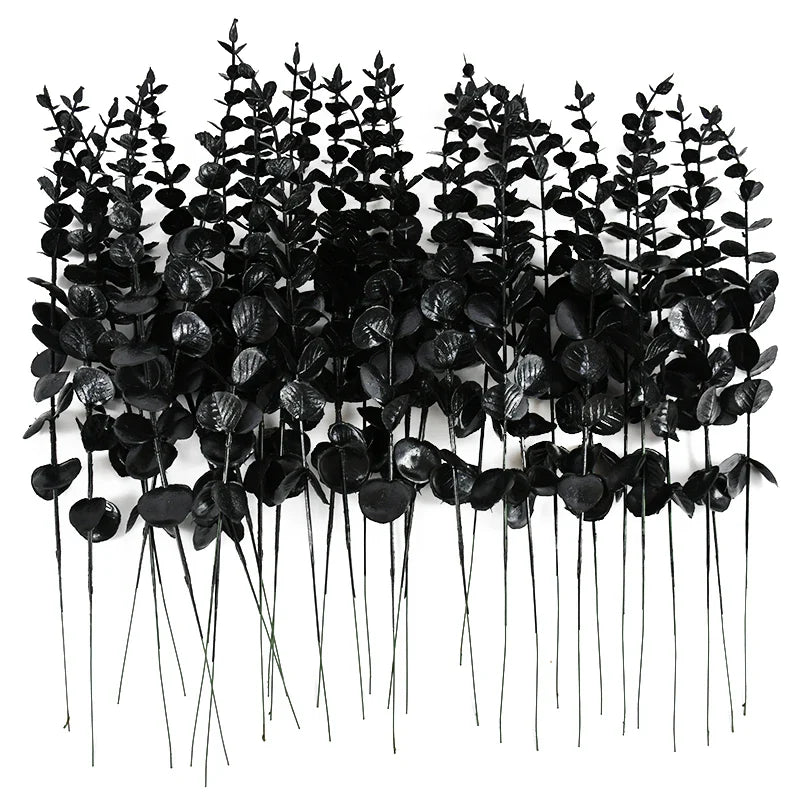 JazzHer 10/20Pcs Halloween Black Artificial Eucalyptus Branch Stems Faux Real Touch Flowers Leaves Plant Wedding Party Home Decoration