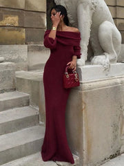 JazzHer Off Shoulder Long Sleeve Knitted Maxi Dress Women Solid Fashion Backless Bodycon Vestidos 2024 New Lady Party Streetwear