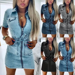 JazzHer Women Denim Dresses Zipper Solid Color Dress Turn Down Collar Belt Streetwear Pockets Short Sleeve Slim Fit Sexy Autumn