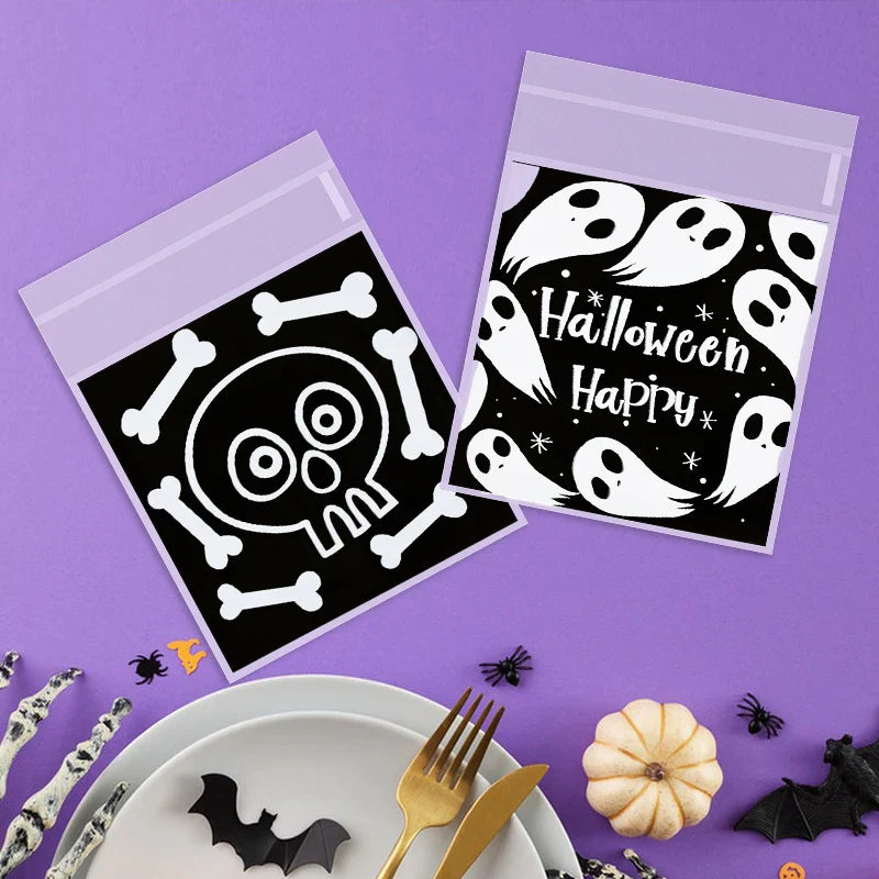 JazzHer 100pcs Halloween Candy Bag Ghost Pumpkin Plastic Cookie Gift Packaging Bags Happy Halloween Party Decoration Kids Trick or Treat