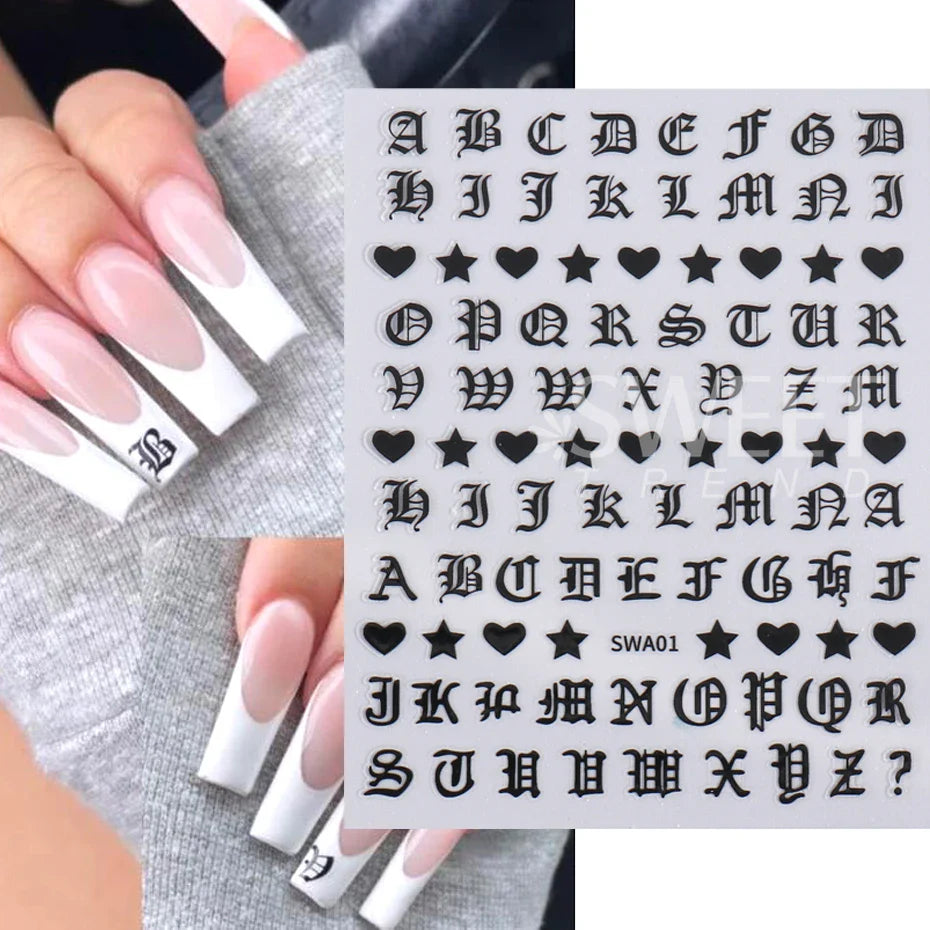 JazzHer 3D Roman Letter Nail Stickers Golden Silver Black Alphabet Design Self Adhesive Decal English Words Sliders Manicure Decoration